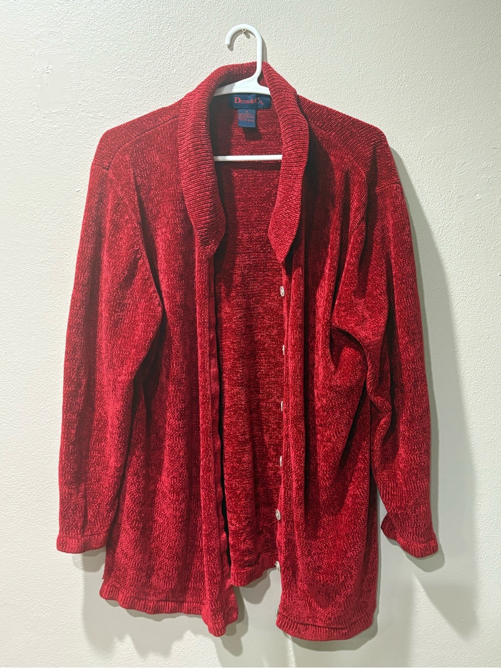 Denim and thick red cardigan